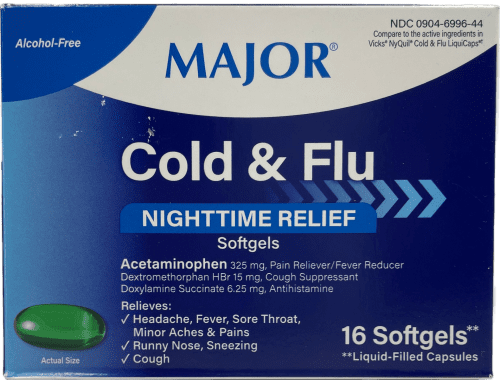 Major Cold & Flu Nighttime Relief: 16 Softgels for Restful Sleep